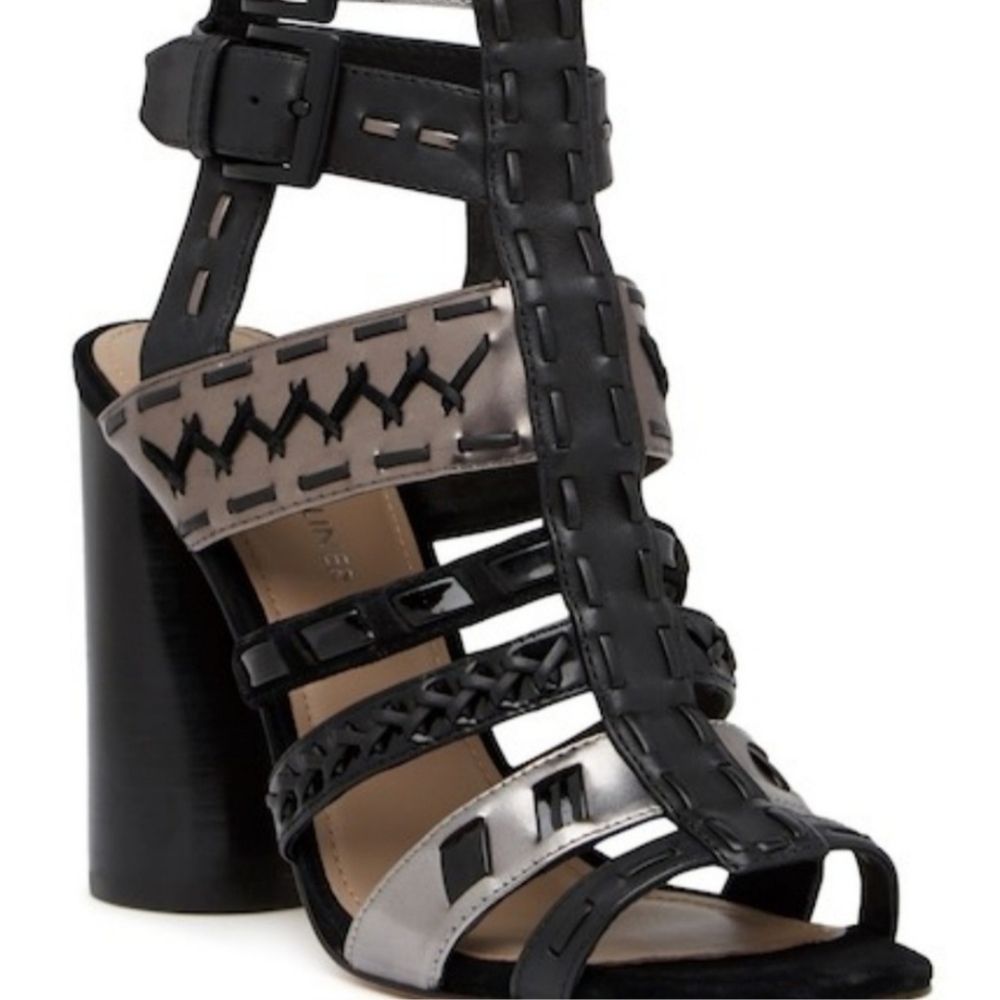 Donald J. Pliner 7.5M Bindy Black & Metallic Gladiator Ankle Strap Heels